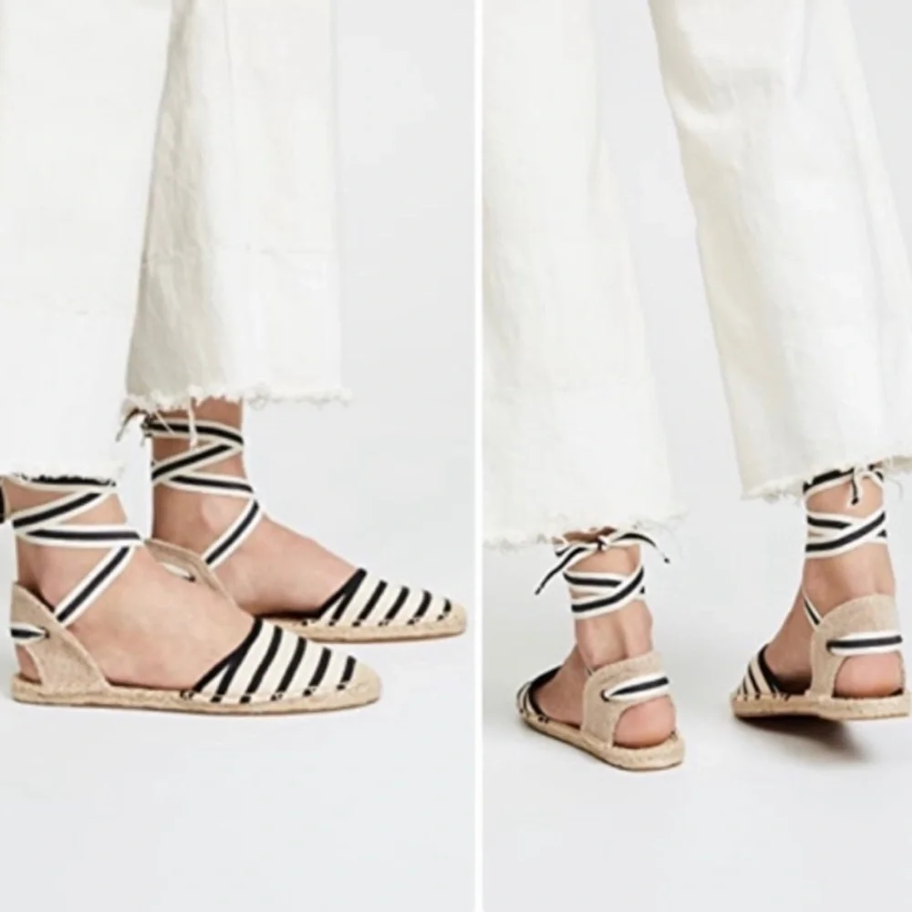 Soludos Black and Cream Striped Ankle Tie Espadrilles Flats